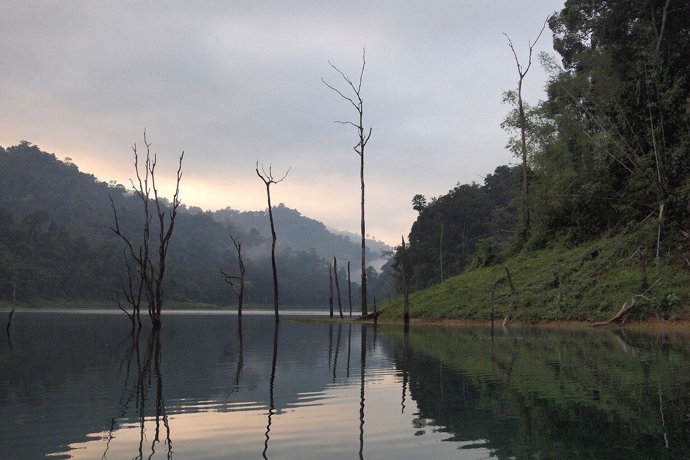 Early dawn light on Cheow Lan Lake in Khao Sok National Park