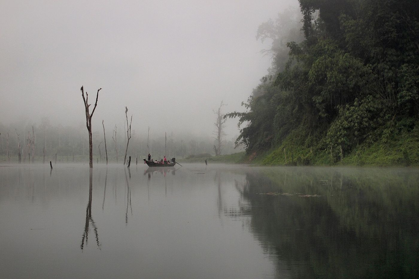 Early morning fog on Cheow Lan Lake in Surat Thani